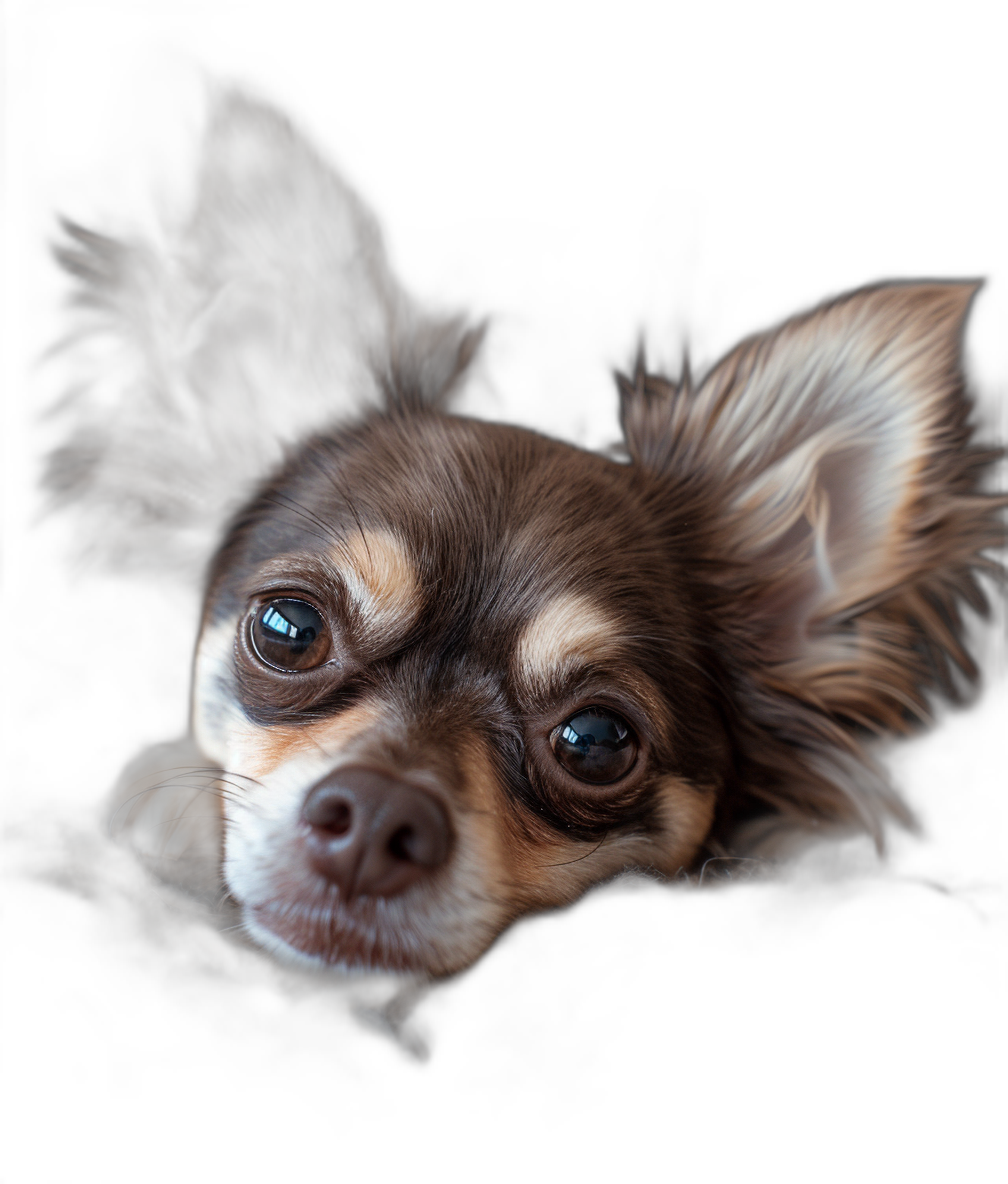 Photorealistic portrait of a chihuahua dog lying down on a black background, looking at the camera with big eyes under soft lighting. The shot was taken from a low angle using a Canon EOS R5 and an f/8 lens.