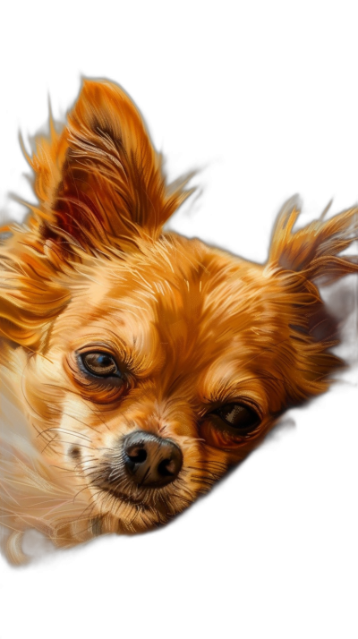 A digital painting of an orange long-haired chihuahua in a close-up shot against a black background, in high definition.