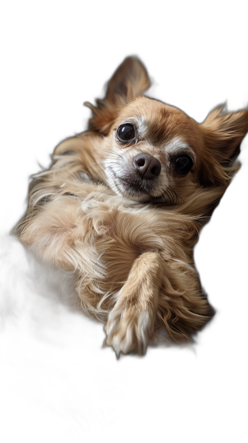 photorealistic portrait of happy cute long hair chihuahua, laying on his back with paws hanging off edge, looking at the camera, black background, studio light,