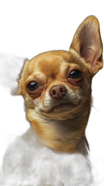 photorealistic portrait of an adorable chihuahua, looking at the camera with his head tilted to one side, black background, soft lighting