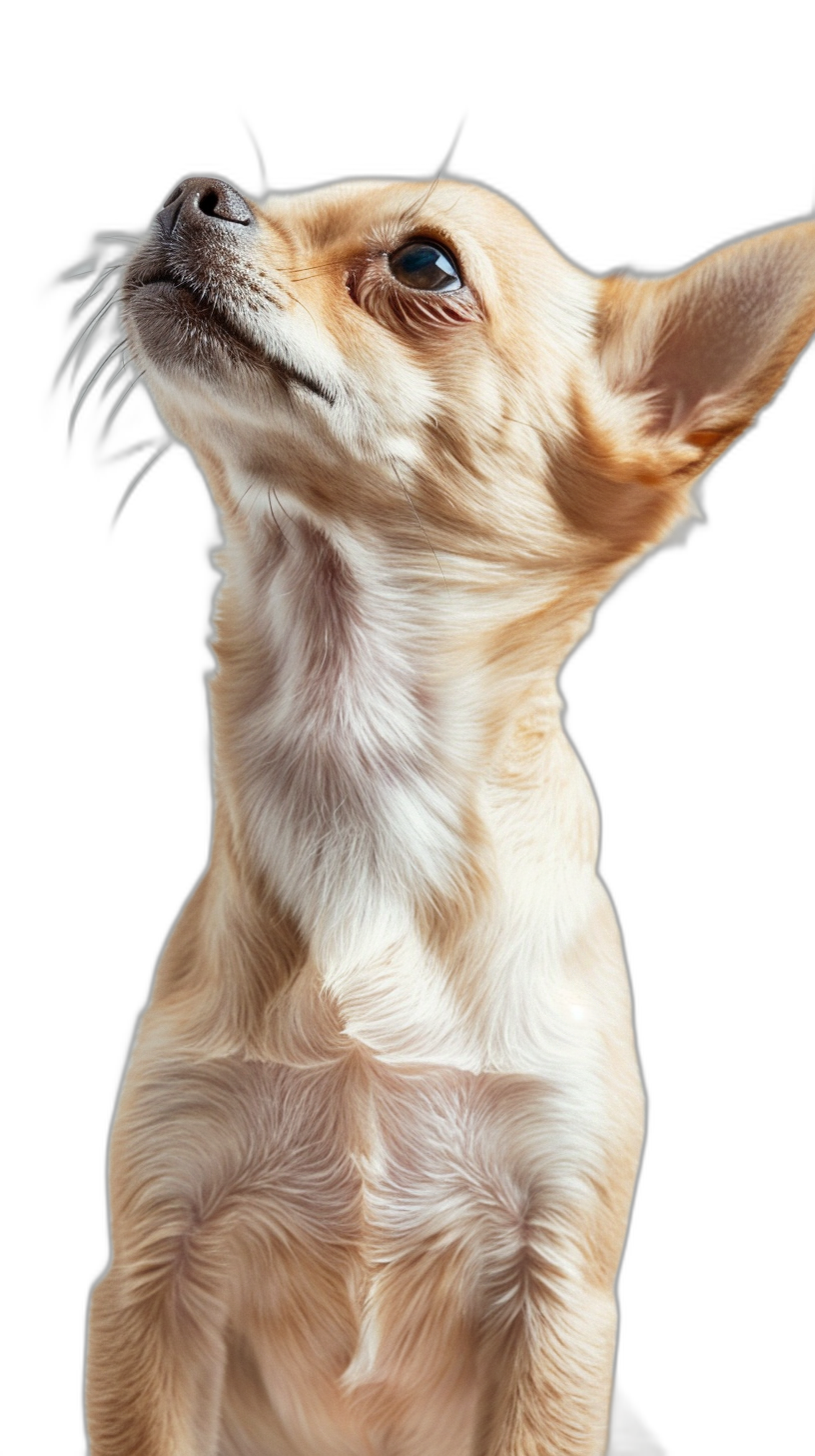 A photo of the head and shoulders, side view of an adorable chihuahua looking up with its mouth open on a black background, studio photography with soft lighting and high key lighting, shot from below in a closeup, raw style.