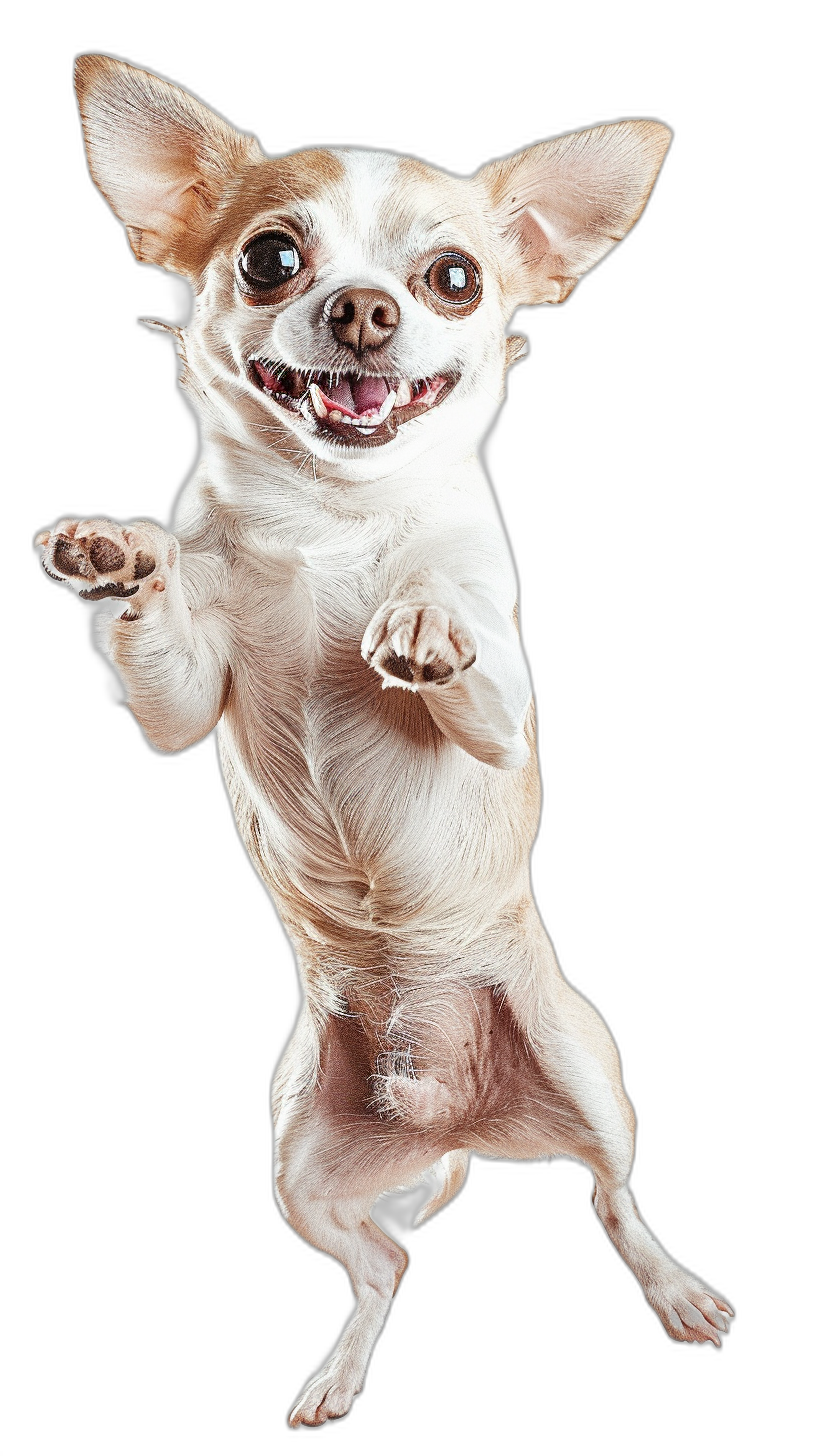 white and brown chihuahua jumping up with one leg on the air, smiling happy face, black background, high definition photography portrait art, dramatic light, full body shot