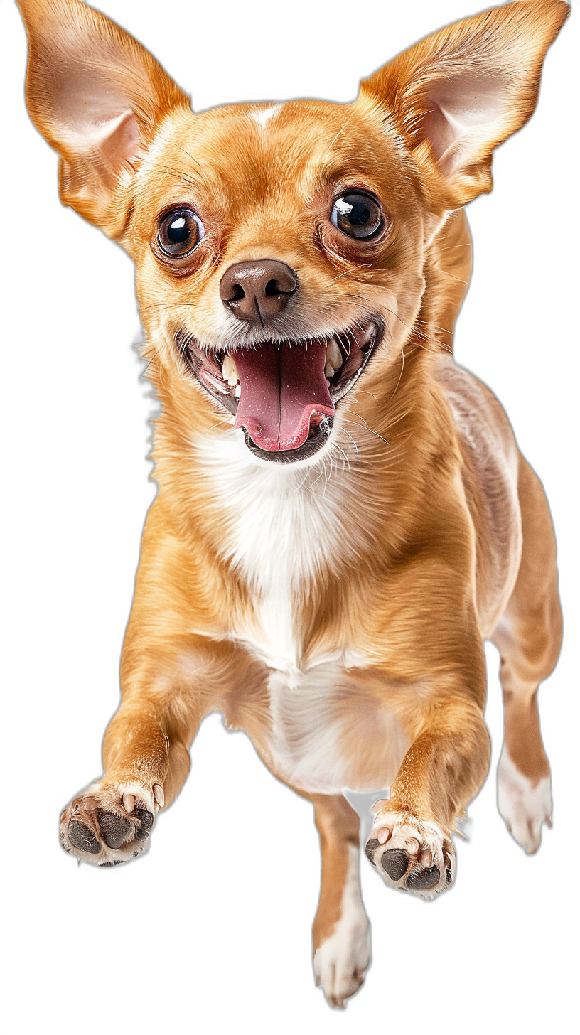 highly detailed, sharp focus, photo realistic portrait of happy chihuahua jumping in the air with big smile on face, isolated black background, full body shot