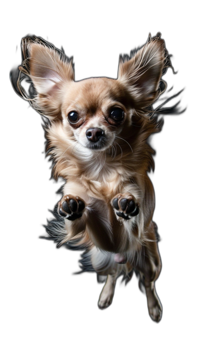 A photo of the chihuahua dog in mid air, floating like an angel with his front paws together and looking at the camera on a black background, studio photography, award winning portrait, sharp focus on the entire animal face, highly detailed eyes, professional color grading with soft shadows and clean sharp focus in the style of digital photography.