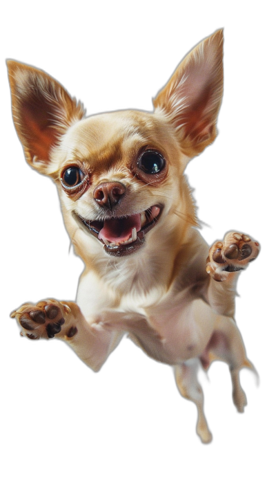 chihuahua jumping in the air with big smile, hyper realistic photo on black background