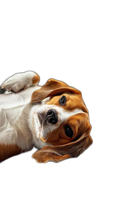 A cute Beagle dog lying on its back, looking up at the camera with its head tilted to one side and paws in front of it, on a black background, in the style of hyper realistic photography.