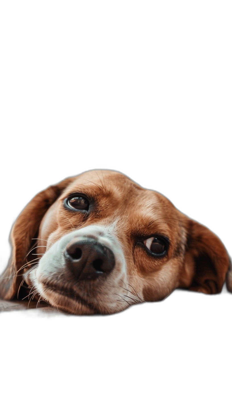 A cute beagle dog lying down looking at the camera, with a solid black background, suitable for a phone wallpaper. The image is in the style of a minimalist digital painting.