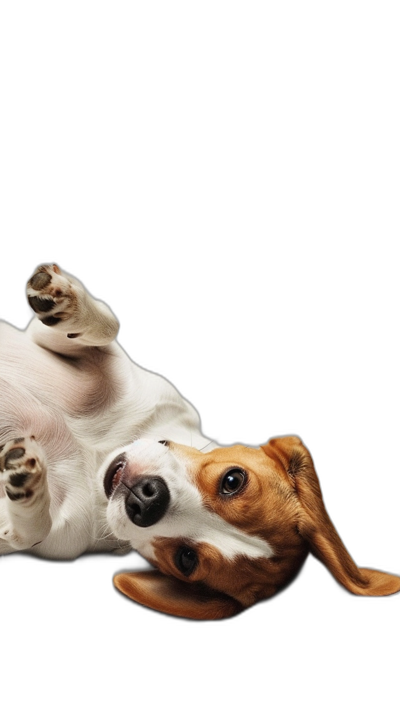 A cute Beagle dog lying on its back, playing with its paws up in the air against a solid black background in the style of photo realistic art.