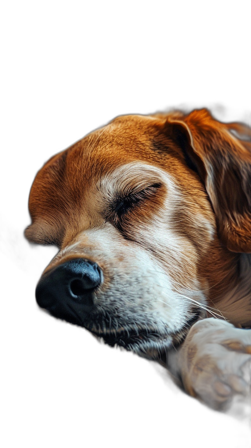 A photo of an old beagle dog sleeping, close up on his face, solid black background, high resolution, hyper realistic