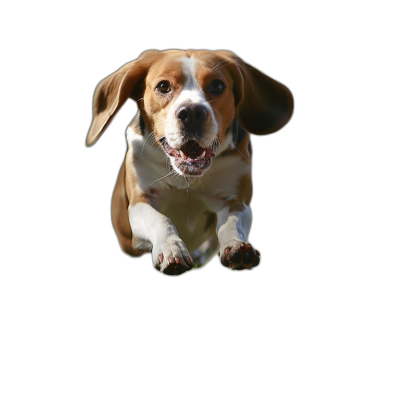 beagle jumping, front view, happy face, isolated on black background, ultra realistic photography