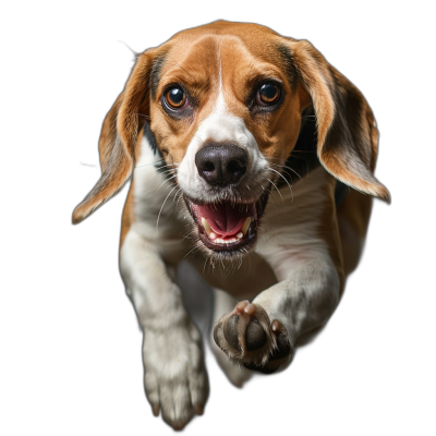 beagle jumping, looking at the camera, with a happy face, on a black background, in high resolution photography