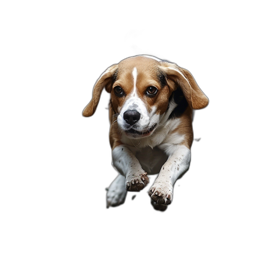 Beagle jumping towards the camera, isolated on a black background, in the style of high definition photography.