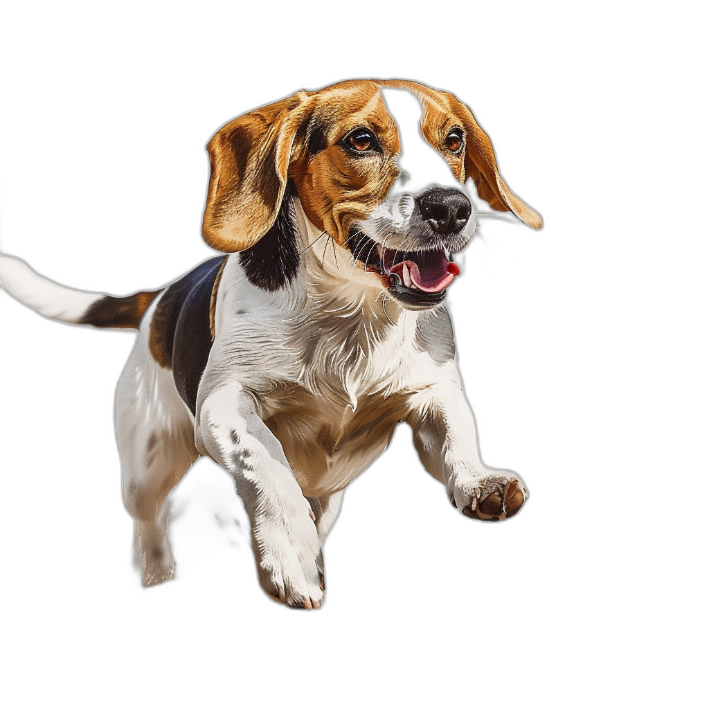 beagle dog running and smiling, detailed, isolated on black background, photorealistic, in the style of hyperrealism, digital painting, concept art, high resolution