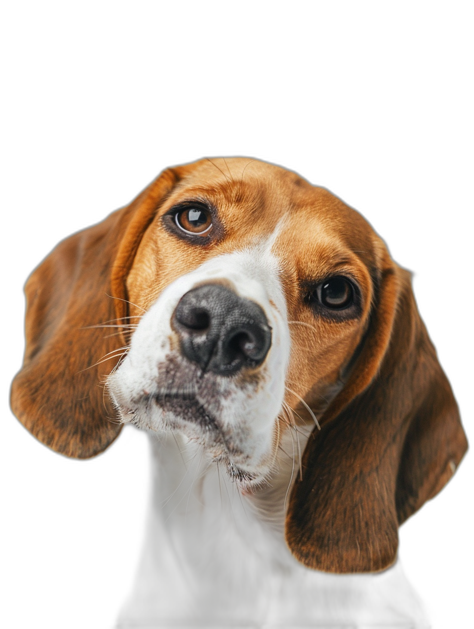 beagle portrait, looking at camera, isolated on black background, high resolution photography