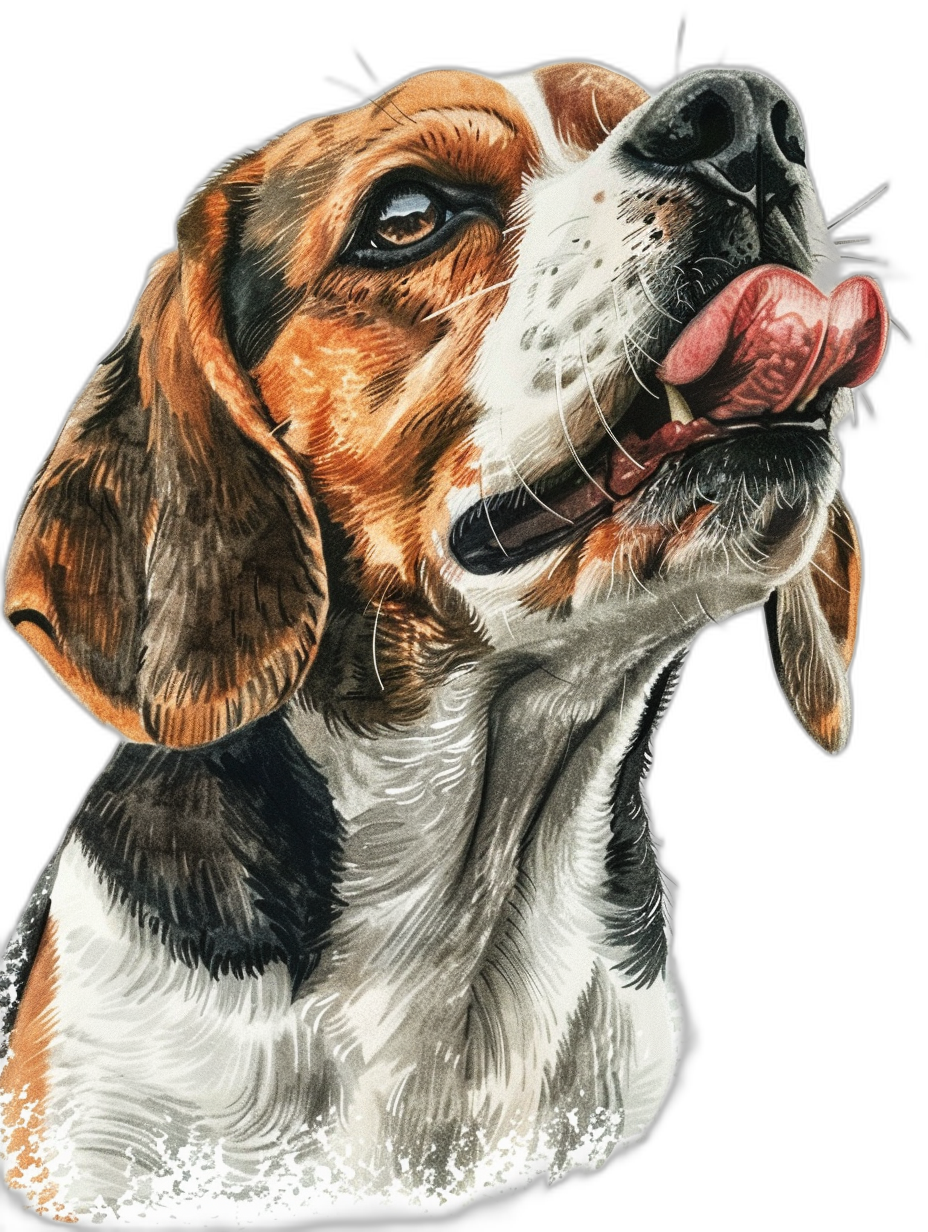 a beagle dog, happy face and tongue out , colored pencil realistic illustration on black background