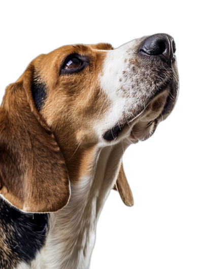 studio portrait of beagle dog, looking up with nose raised to the air, black background, side view, Award winning photography, professional color grading and soft shadows in the style of soft shadows.