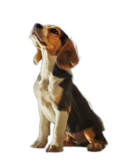 Photorealistic portrait of a beagle puppy sitting on a black background, looking up to the right with a happy expression in a side view with warm studio lighting. The hyper realistic and insanely detailed portrait has fine details and is a high resolution photograph isolated on a plain background as a stock photo.