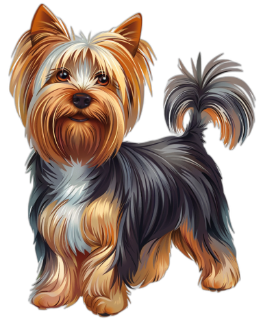 Illustration of a Yorkshire Terrier in a full body view with its tail up, vector art, detailed design, high resolution, on a black background, high detail, in the style of a cartoon, colorful, vibrant colors, using digital painting and drawing techniques, by a professional artist. The illustration is suitable for tshirt printing, with no text or letters in the artwork.