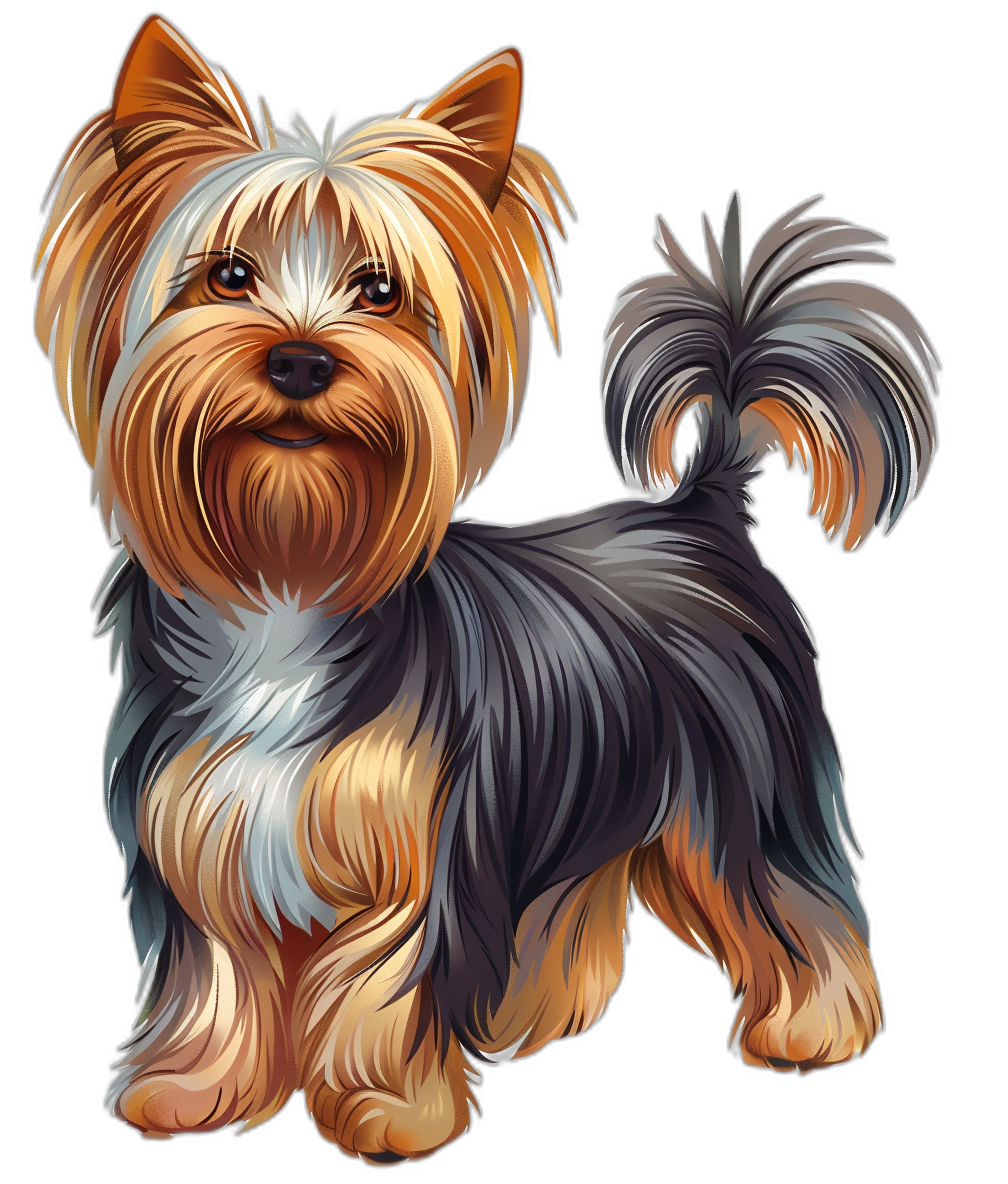 Illustration of a Yorkshire Terrier in a full body view with its tail up, vector art, detailed design, high resolution, on a black background, high detail, in the style of a cartoon, colorful, vibrant colors, using digital painting and drawing techniques, by a professional artist. The illustration is suitable for tshirt printing, with no text or letters in the artwork.