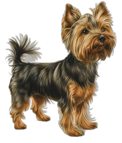 A full-bodied Silky Terrier dog standing on a black background, drawn in the style of a hyperrealistic oil painting with smooth edges and low-contrast shading, as a full-color illustration at a high resolution.