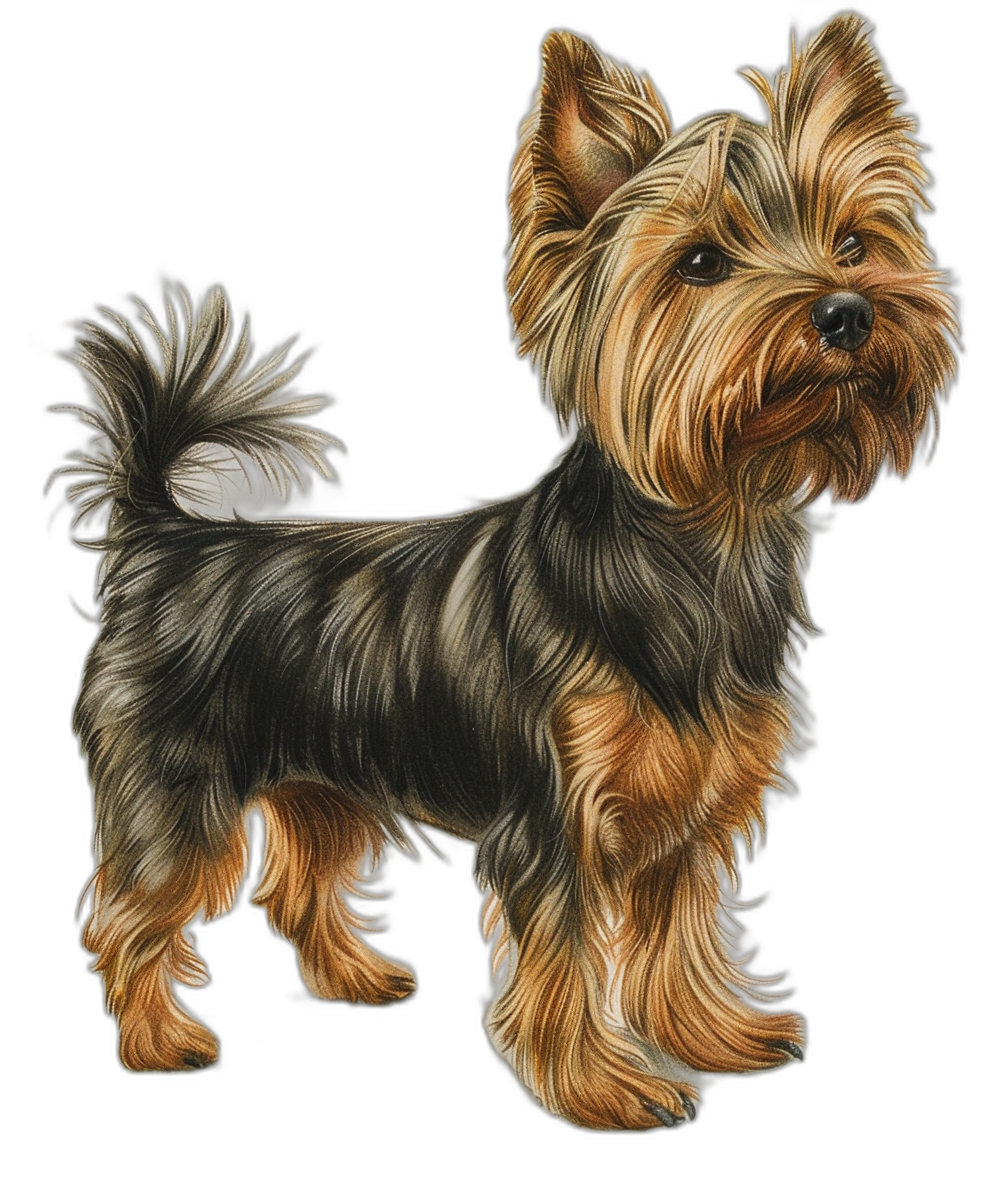 A full-bodied Silky Terrier dog standing on a black background, drawn in the style of a hyperrealistic oil painting with smooth edges and low-contrast shading, as a full-color illustration at a high resolution.