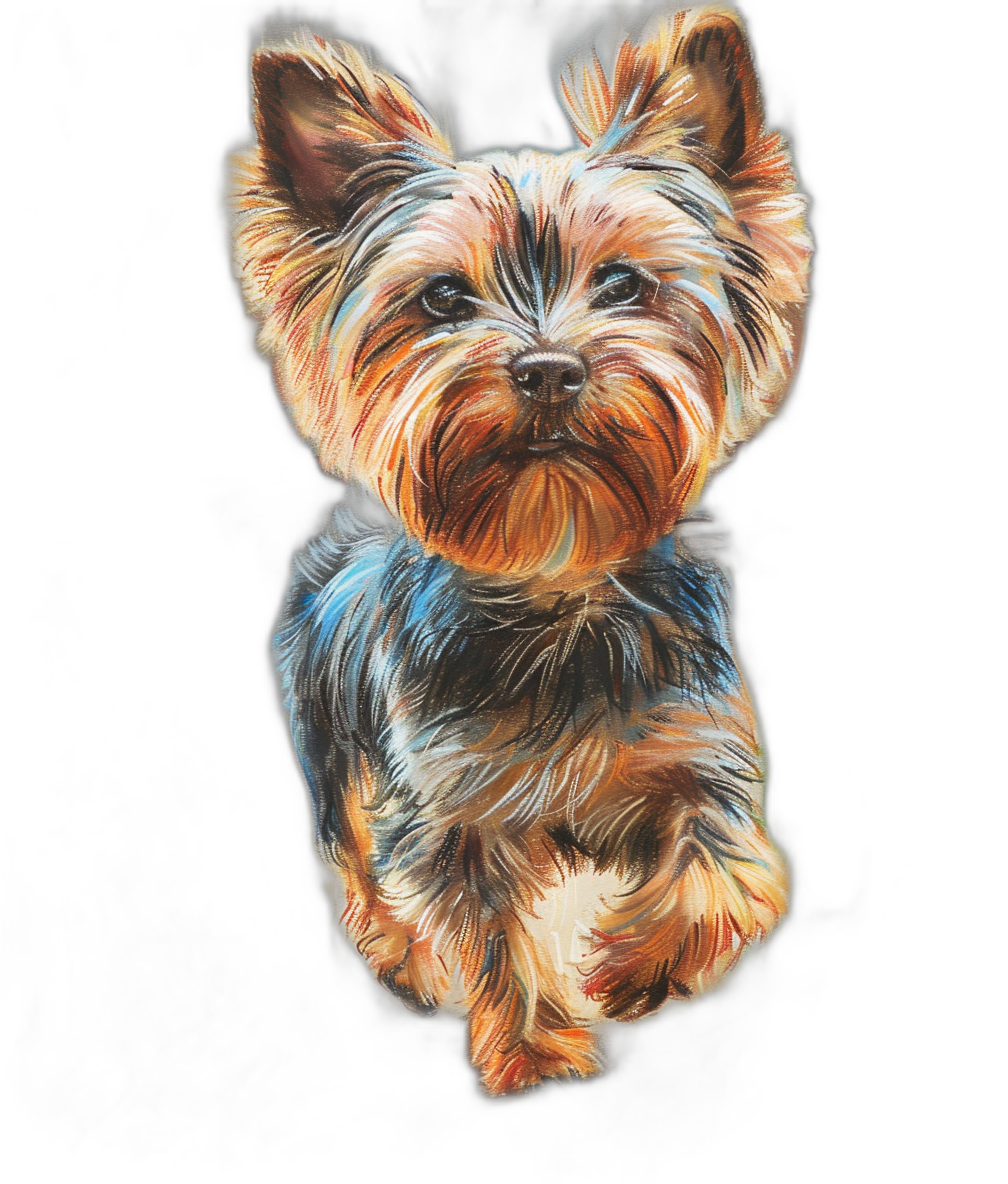 A full body portrait of an adorable Yorkshire Terrier, in the style of airbrush sketch art with pastel colors on a black background, with high detail.