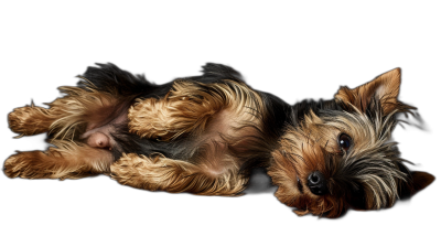 A hyperrealistic photo of an adorable Yorkshire Terrier lying on its back, black background, top view, high resolution photography, insanely detailed and intricate, soft natural lighting