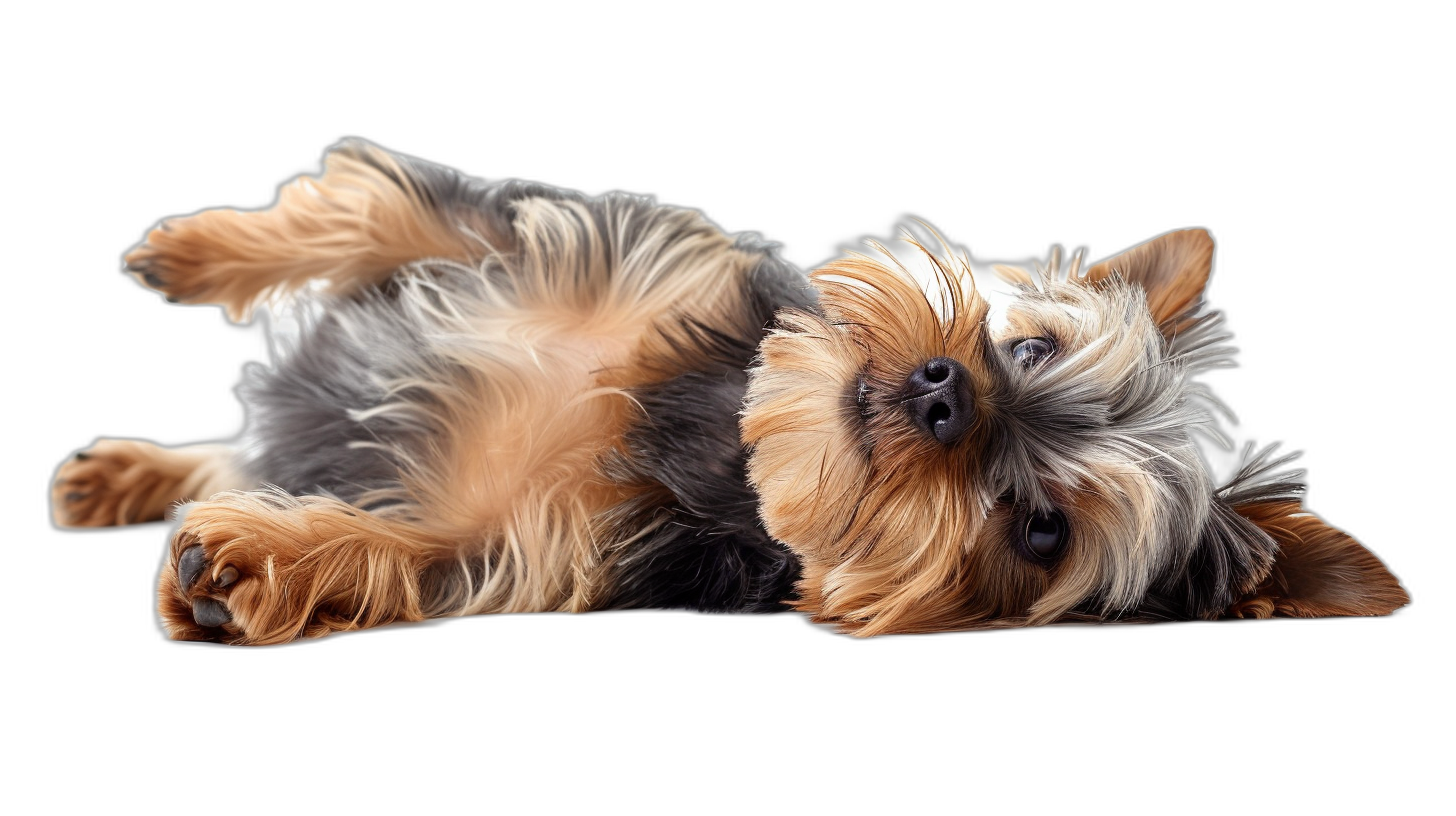 A hyperrealistic photo of an adult Yorkshire Terrier lying on its back, full body shot, black background, in the style of high definition photography.