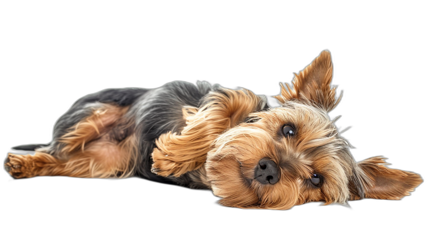 A hyperrealistic photo of an adorable Yorkshire Terrier lying down, with its head tilted to the side and eyes closed in pure joy or relaxed contentment isolated on black background ,8k, real photography , full body shot