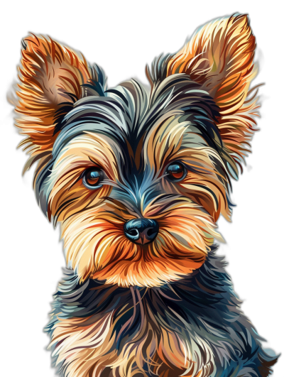 A cute Yorkshire Terrier portrait in the style of digital painting, in the style of vector art, colorful realism, colorful fantasy realism, vibrant caricatures, with a black background, showing the full body.