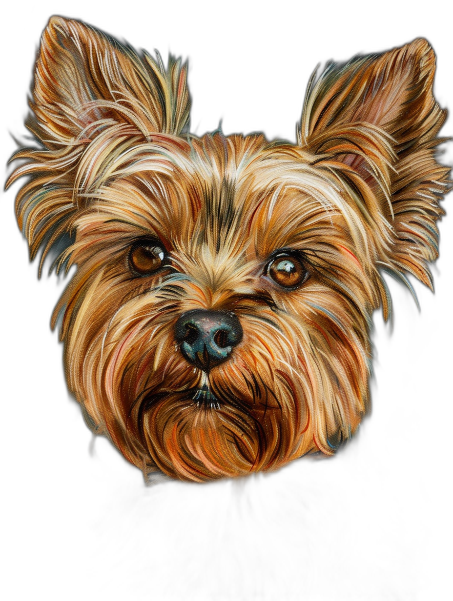 Illustration of a Yorkshire Terrier head, cute and funny, colorful, isolated on a black background, in the style of david martiashvili, ccloud hd, a detailed painting, a full body portrait, front view