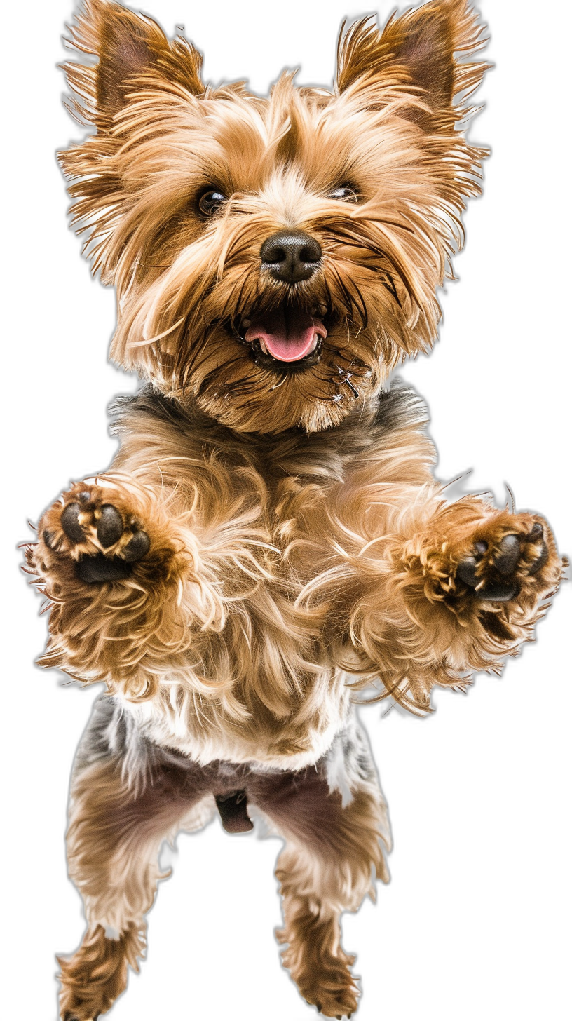 Photorealistic full body view of a happy Yorkshire Terrier jumping up with its front paws in the air against a black background, with high detail and resolution in the style of digital photography.