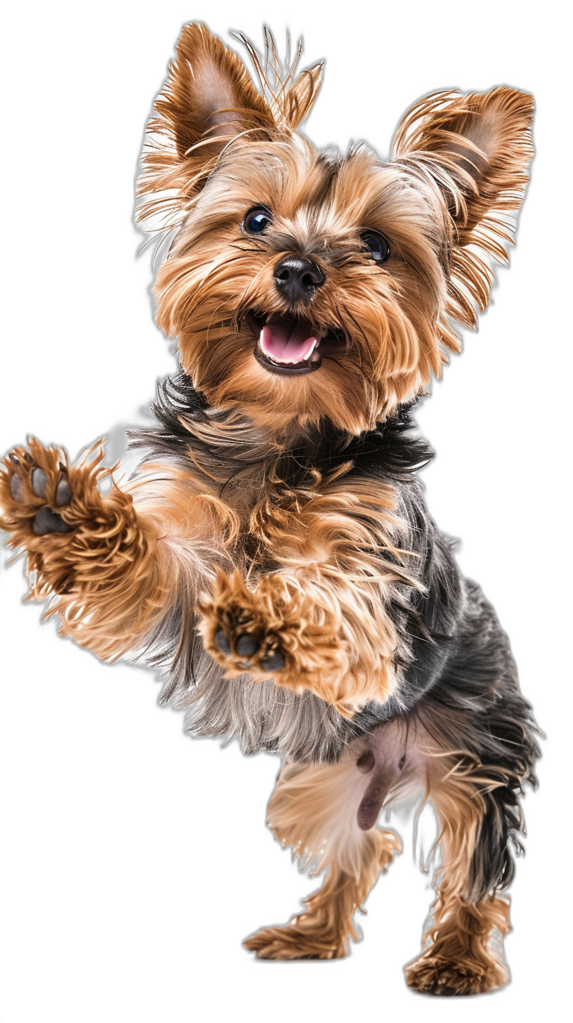 a full body photograph of an happy smiling Yorkshire Terrier jumping in the air, isolated on black background, airbrushed realistic illustration