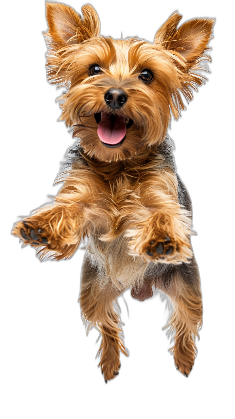 photorealistic full body portrait of Yorkshire Terrier jumping in the air, isolated on black background, Award winning photography, professional color grading, soft shadows, no contrast, clean sharp focus