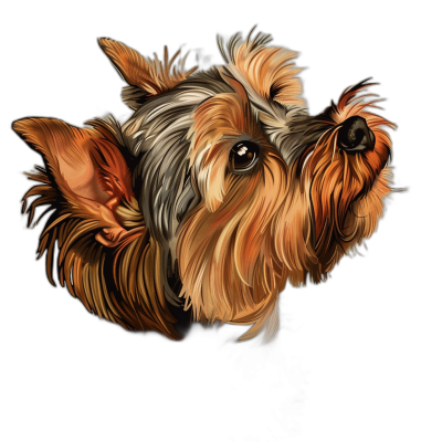 Illustration of a Yorkshire Terrier's head in the style of cartoon realism with high contrast on a black background, caricature portrait in the style of detailed character design, colorful animation stills in the style of high resolution