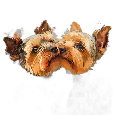 A hyperrealistic digital illustration of two Yorkshire Terrier dogs kissing on a black background in a closeup shot, capturing the moment when they touch heads in a gesture. The dogs' fur is detailed and textured with soft colors. Their eyes are focused directly at each other, conveying love or friendship between them. This composition creates a heartwarming scene that evokes emotions like an affectionate bond and carefree joy, focusing on the face. The illustration is done in the style of a cartoon.