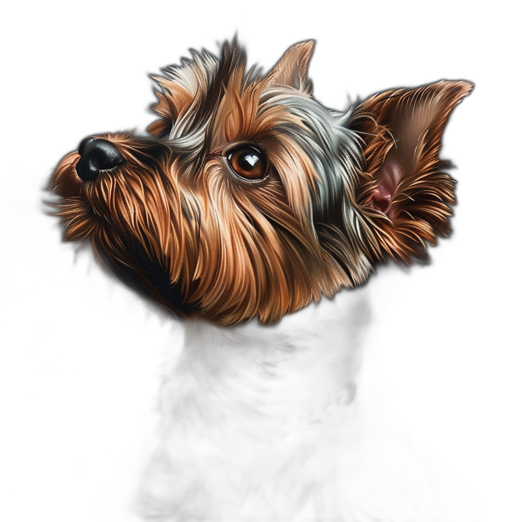 realistic digital illustration of cute Yorkshire Terrier, black background, headshot view, soft light