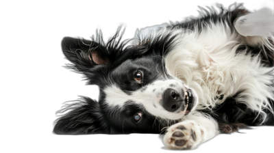 A cute border collie dog lying down on a black background, looking at the camera with his paws together and a happy expression. This is a high resolution, high detail studio photography image in the style of studio photography.