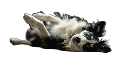 A black and white border collie lying on its back, playing in the air with its paws spread out, solid dark background, studio photography, professional color grading, soft shadows, no contrast, clean sharp focus digital photography in the style of professional photography.