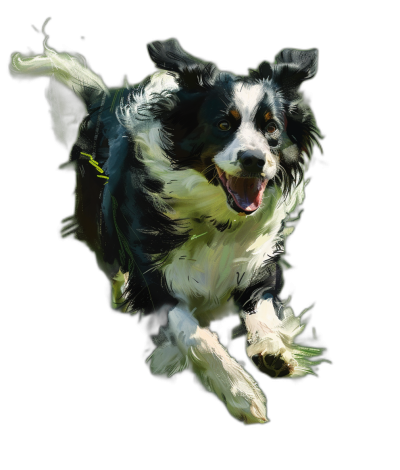 border collie in the style of speedpainting, jumping and playing, full body shot, on a black background, with green brush strokes, hyper realistic, digital art, high resolution, high details, sharp focus, illustration, concept art, professional photography, studio lighting, global illumination.