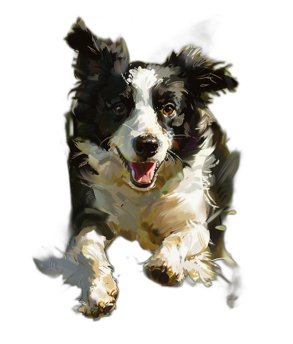 Illustration of a happy smiling border collie dog running, vector art on a black background, white color and brown highlights, close up portrait, full body shot, digital painting in the style of a painterly style, brush strokes, smooth lines, high contrast, soft lighting, detailed texture, playful mood, fun vibe.