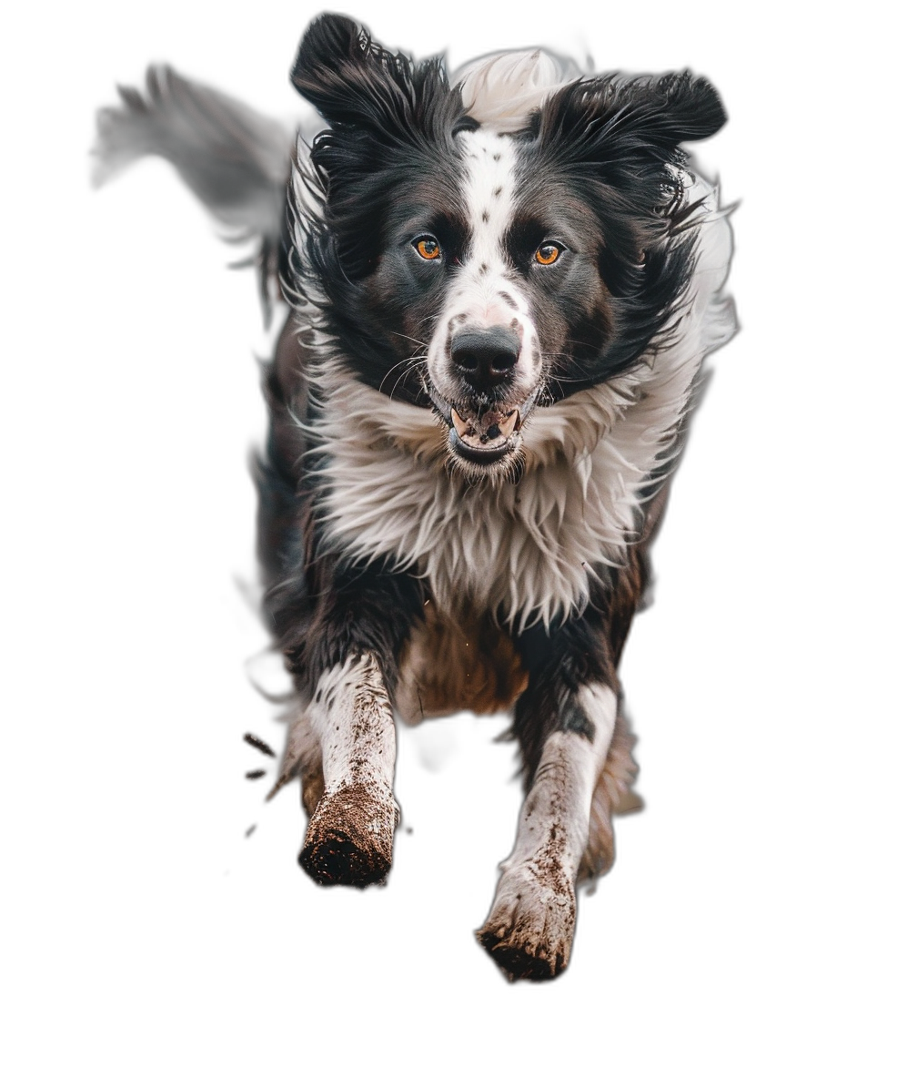 A realistic photo of an excited border collie running towards the camera, on a black background, with high resolution photography, insanely detailed and intricate, with volumetric lighting.