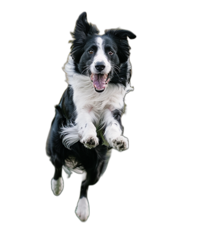 border collie jumping in the air, happy face, black background, hyper realistic photography