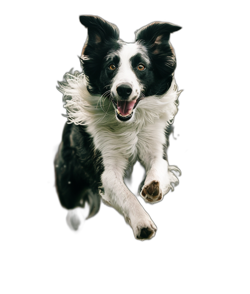 border collie jumping in the air, happy face, black background, in the style of hyper realistic photography