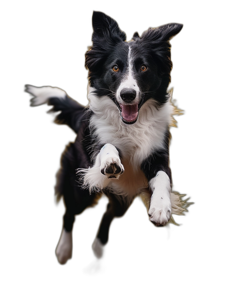 A border collie is jumping towards the camera with a happy expression against a black background in the style of hyper realistic photography.