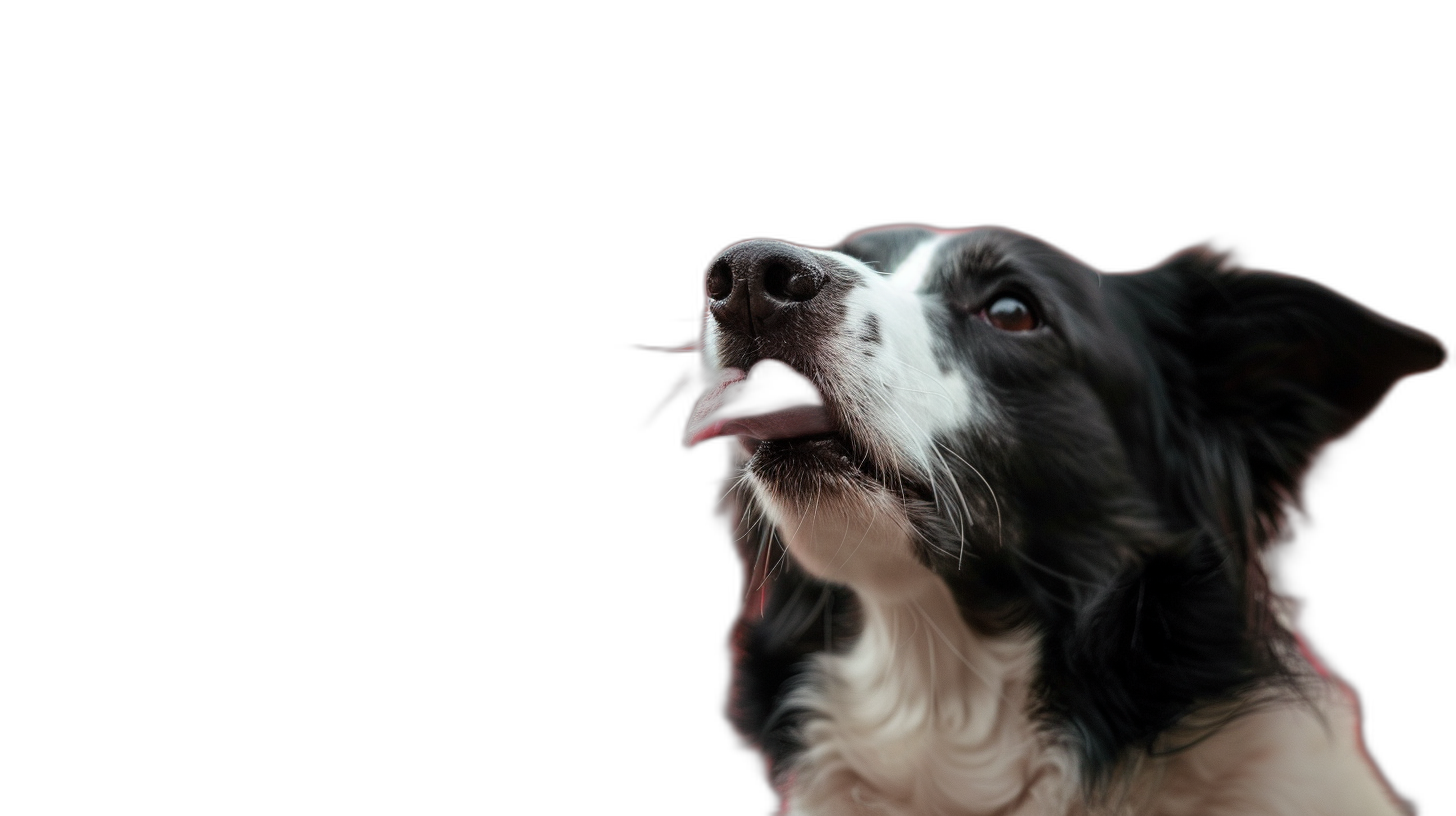 border collie looking up, tongue out on black background, side view, in the style of cinematic