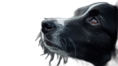 A black border collie dog's face is seen from the side, closeup, looking up at something in front of him, against a pure dark background, with only his eyes visible. The light illuminates part of her head and hair, creating a cinematic effect. High resolution photography, insanely detailed, fine details, stock photo, professional color grading, award winning composition, natural lighting, black background,