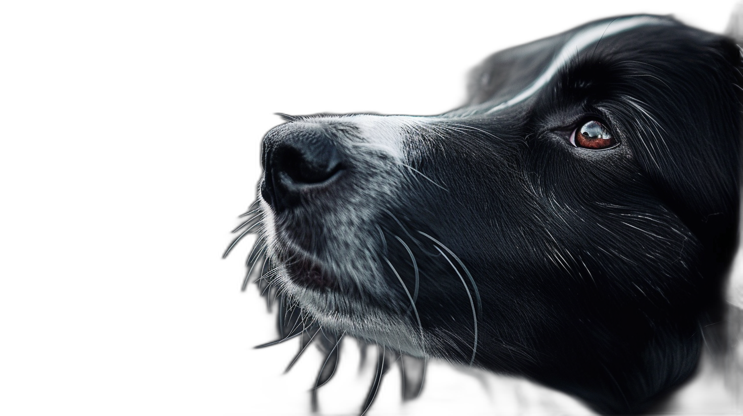 A black border collie dog’s face is seen from the side, closeup, looking up at something in front of him, against a pure dark background, with only his eyes visible. The light illuminates part of her head and hair, creating a cinematic effect. High resolution photography, insanely detailed, fine details, stock photo, professional color grading, award winning composition, natural lighting, black background,