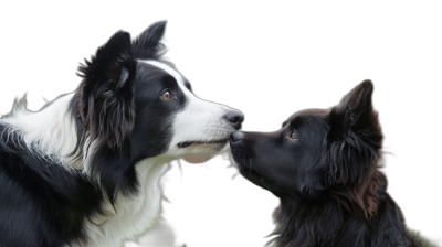 A black and white border collie dog kissing another dog with a solid background in a hyper realistic style. The high resolution photography shows insanely detailed fine details like a professional stock photo with color grading isolated on a black background.