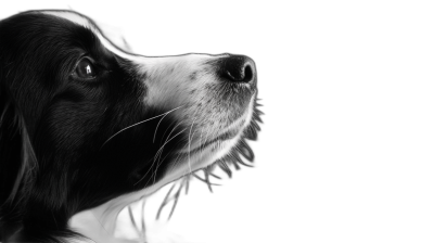 Black and white portrait of a border collie on a black background, with high contrast and in a side view. Photorealistic in the style of octane render, with hyper detailed and cinematic look, volumetric light.